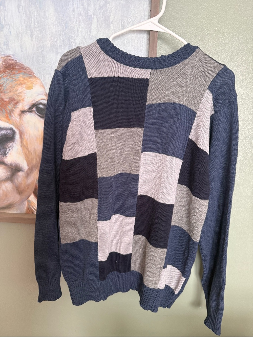 Basic Editions Men’s Patchwork Crewneck Sweater in Navy and Gray